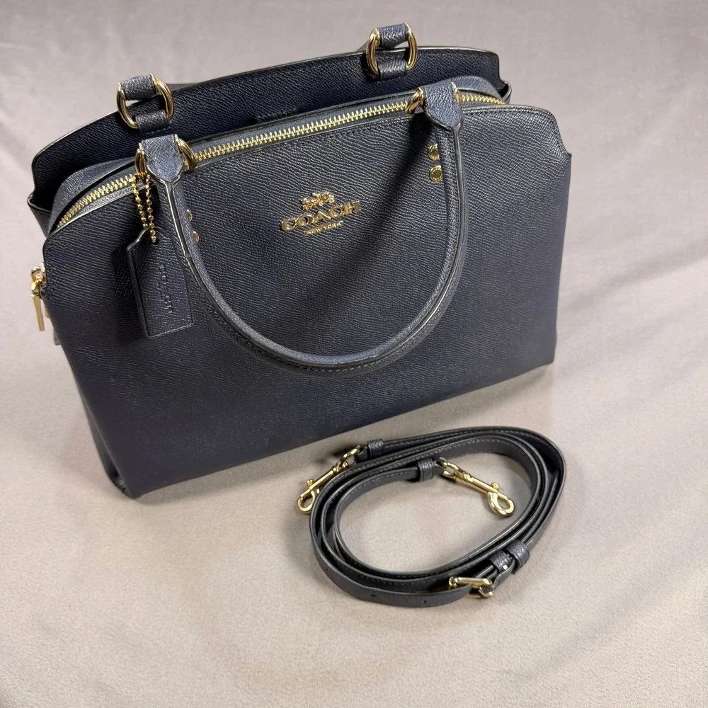 Coach Lillie Carryall Satchel Crossgrain Leather Dark Navy Gold Hardware 91493